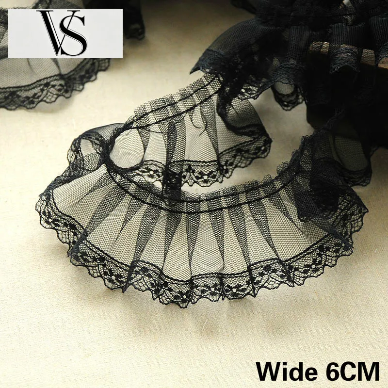 Embroidery Ruffle Ribbon Fringe Trim Handmade 3D Dress Pleated Skirts Sewing Supplies 6CM Black Wide Mesh Fold Lace Fabric