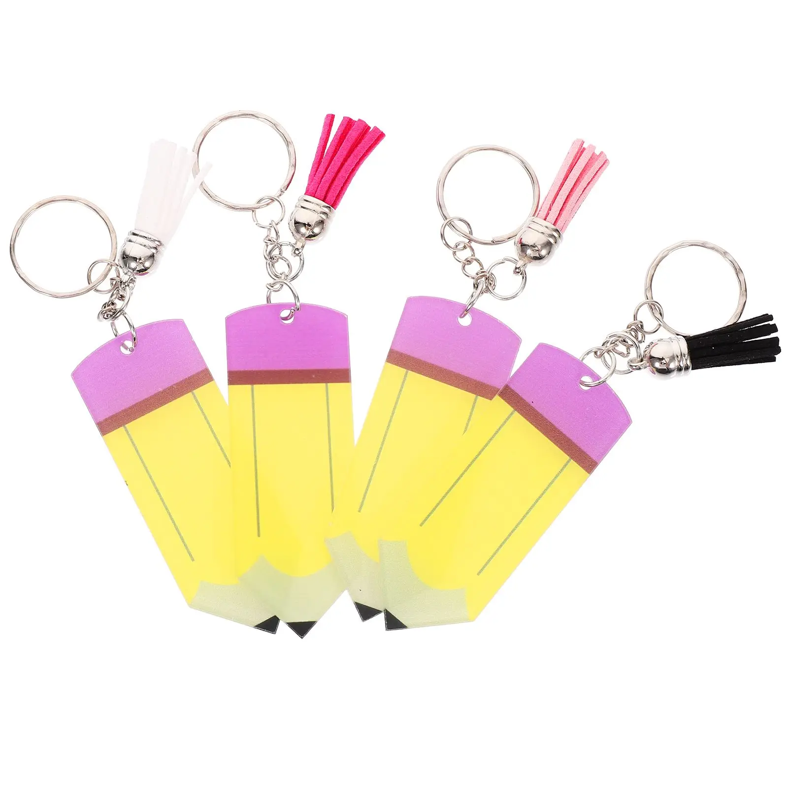 

4 Pcs Acrylic Keychain Stylish Pencil Shaped Teacher Student Back to School Gifts Cartoon Tassel Decor