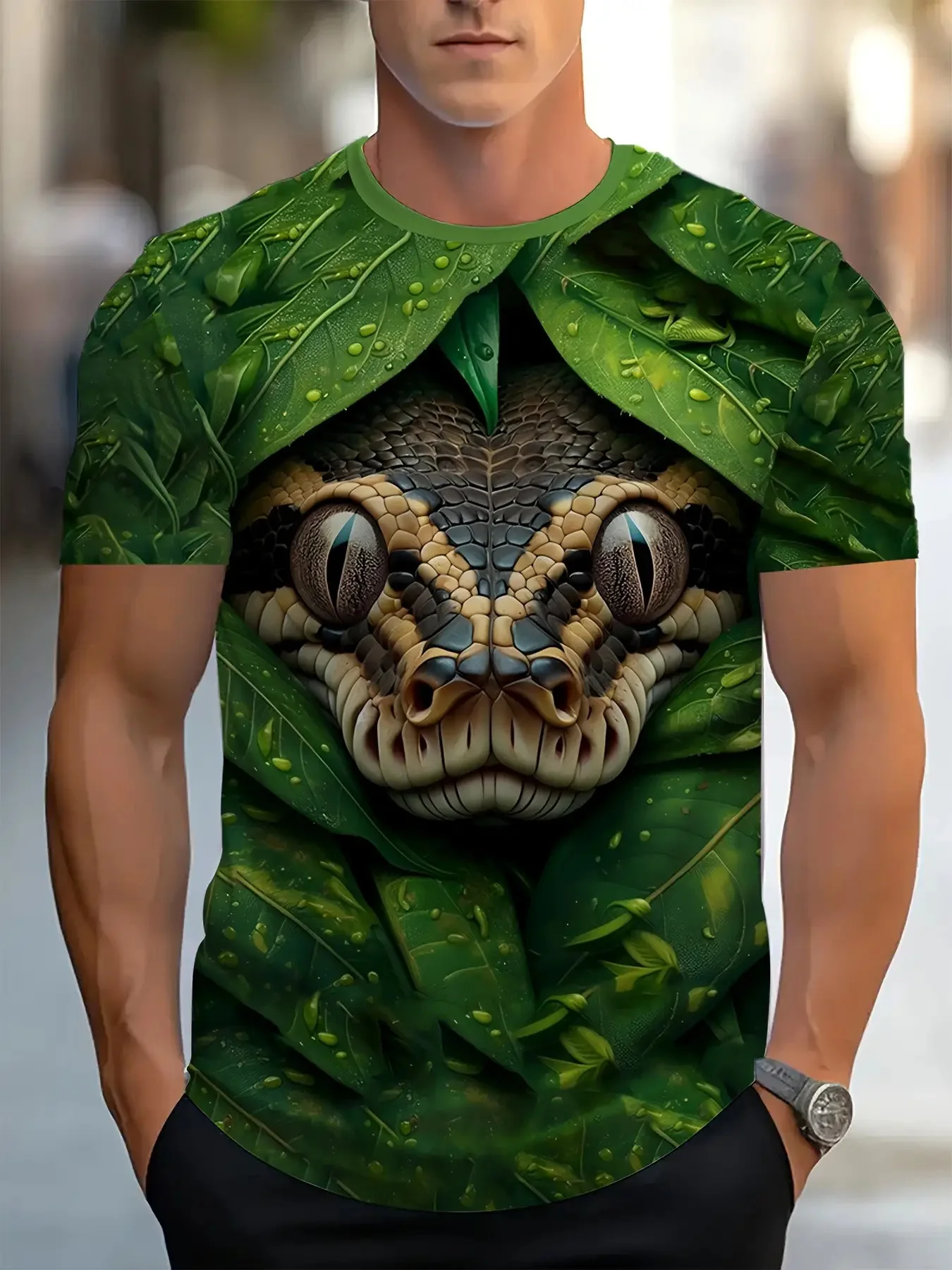 Men Short Sleeve T‑Shirt 3D Snake Head Jungle Leaf Tropical Wildlife Crew Neck Casual Tops