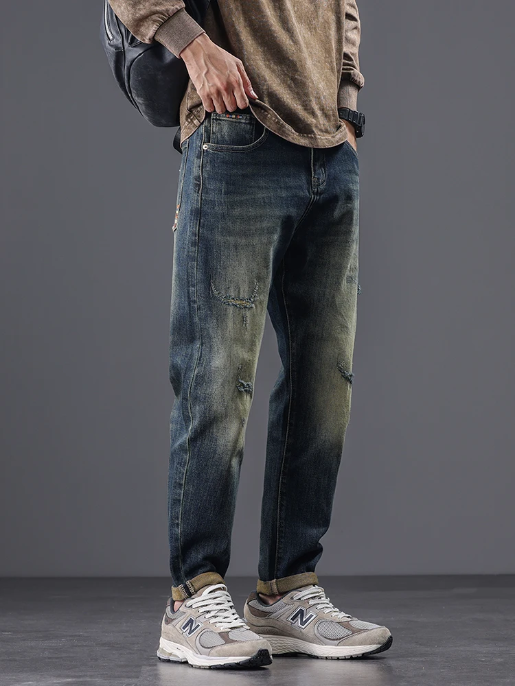 

Мужские джинсы в стиле ретро в американском стиле, модные брюки Харлан с дырочками, длинные брюки в стиле хип-хоп из хлопчатобумажной эластичной ткани, молодежная мода