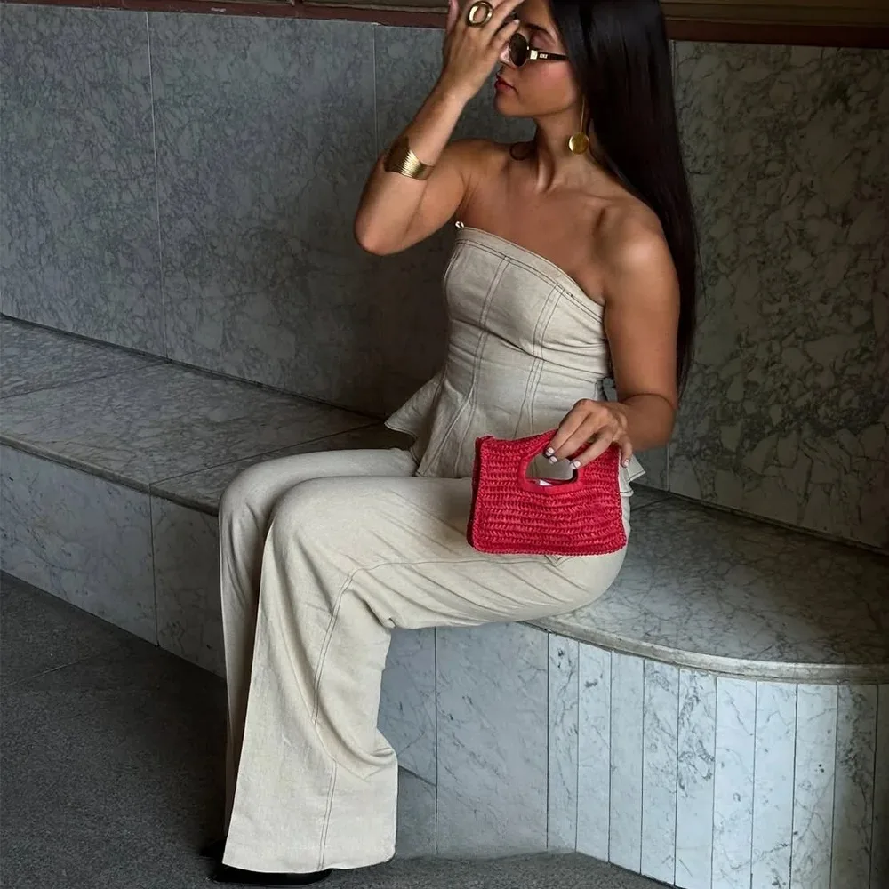 KONDALA Sexy Denim Women Suits Sleeveless Tube Tops High Waist Wide Leg Pants Fashion 2025 Autumn Holiday Suits Strretwear Set