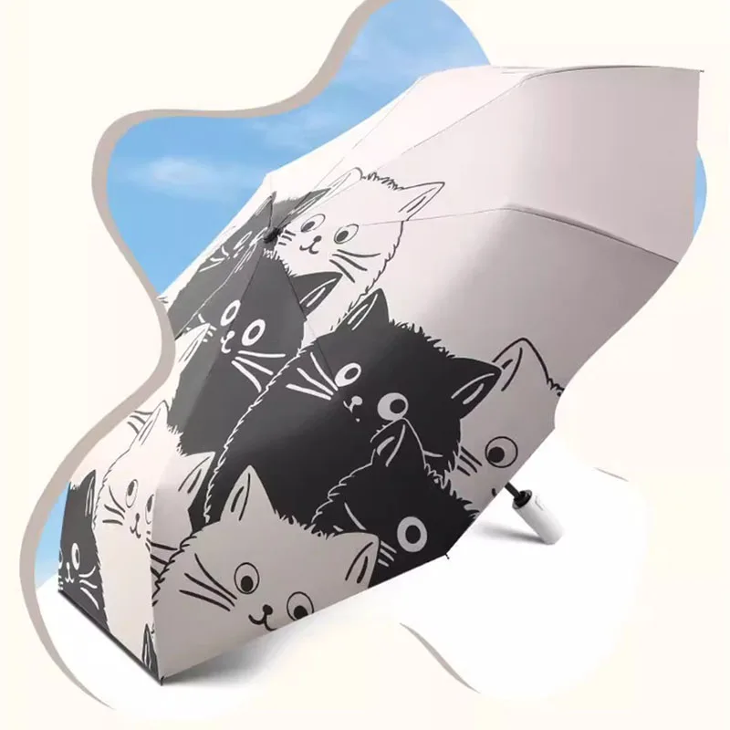 Cartoon Kittens Printed Black And White Umbrella for Both Sunny Rainy Use Black Rubber Cute Cat Graffiti Umbrella UV Protection