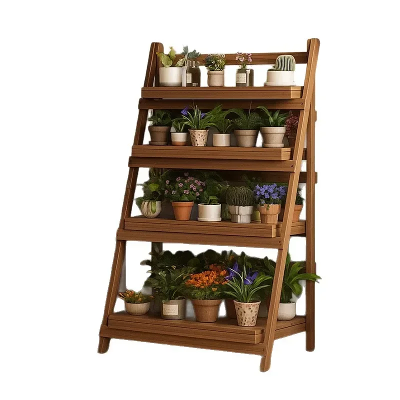 Solid Wood Flower Stand Balcony Living Room Floor to Ceiling Movable Outdoor Courtyard Flower Pot Foldable Rack