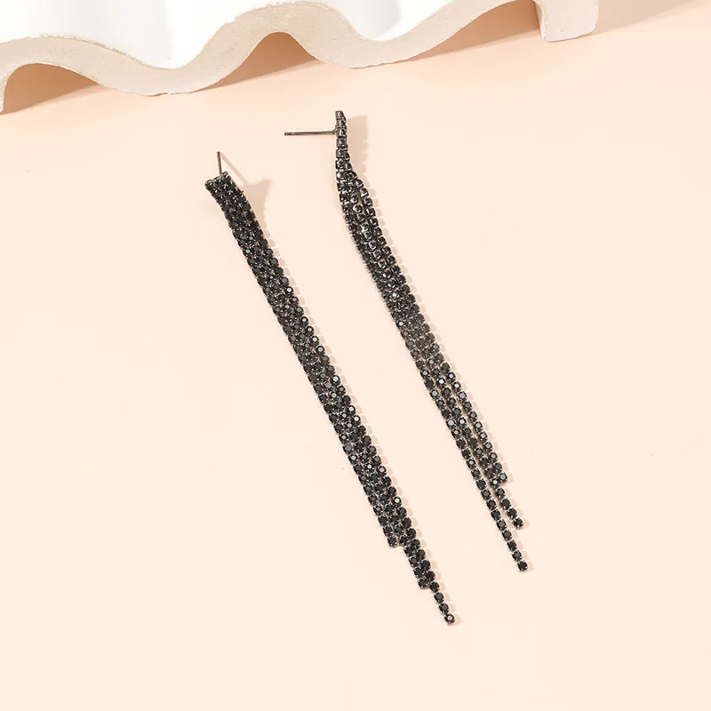 FYUAN Fashion Long Tassel Drop Earrings for Women Black Rhinestone Dangle Earring Wedding Party Jewelry