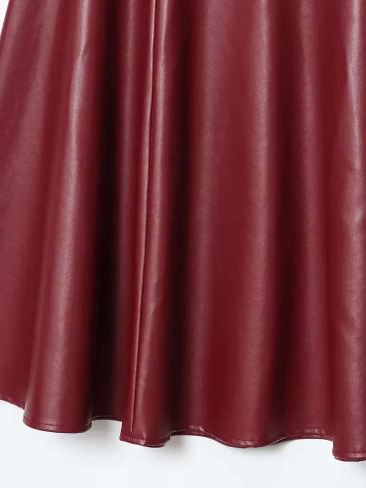 Women 2025 Autumn New Fashion Faux Leather Midi Skirt Retro High Waist Chic Rear Zipper Draped Slim Skirt Mujer