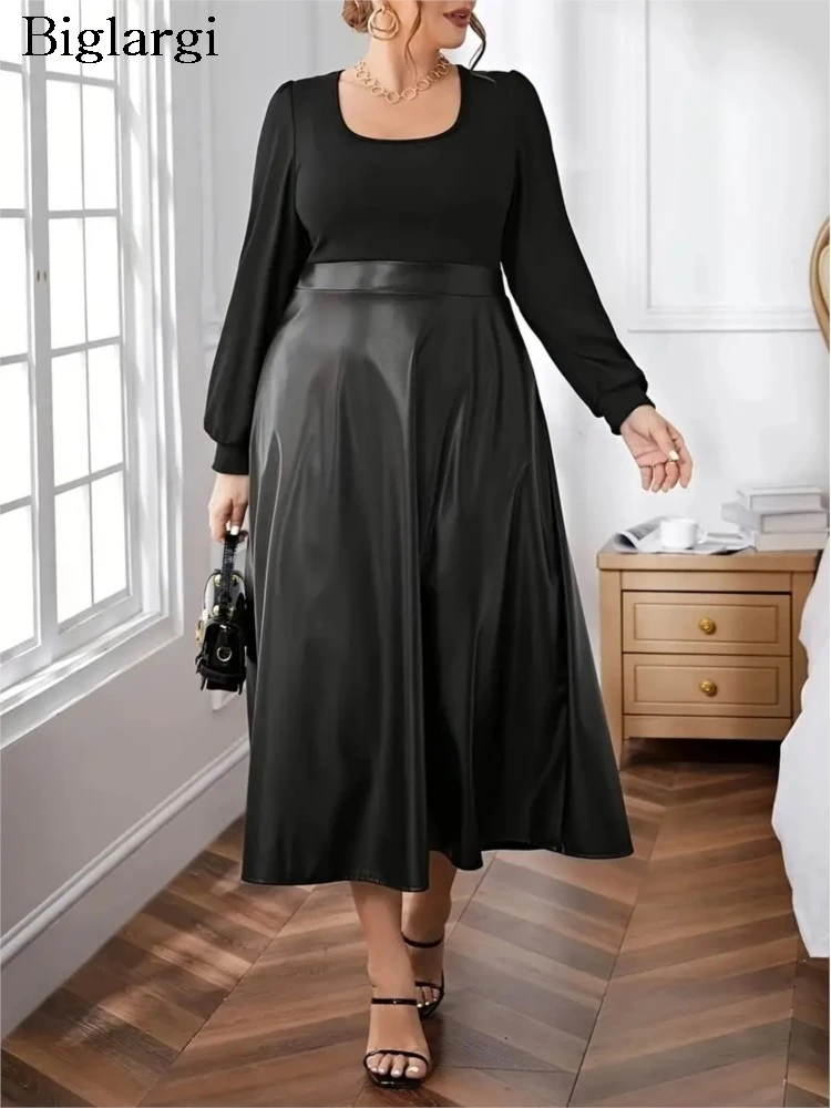 

Plus Size Autumn Winter Long Dress Women PU Leather Patchwork Modis Loose Ruffle Pleated Ladies Dresses Long Sleeve Woman Dress