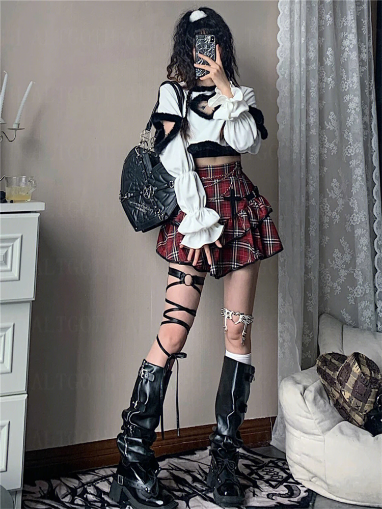 AltGoth Punk Gothicกระโปรงลายสก๊อตสีแดงผู้หญิงVINTAGE Y2k E-สาวEmo Altสูงเอวกระโปรงเค้กHarajuku Fairycore Grunge Clubwear