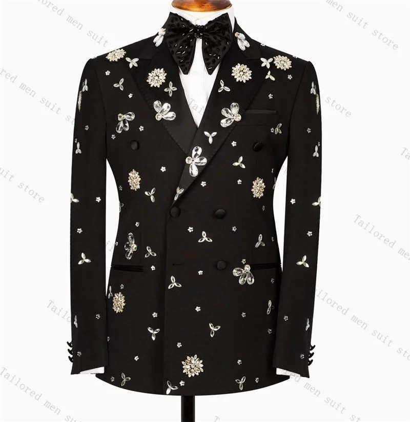 

Luxury Crystals Men Suit Set 2 Pieces Blazer+Pant Formal Work Office Male Jacket Prom Cotton Coat Trousers Groom Wedding Tuxedos