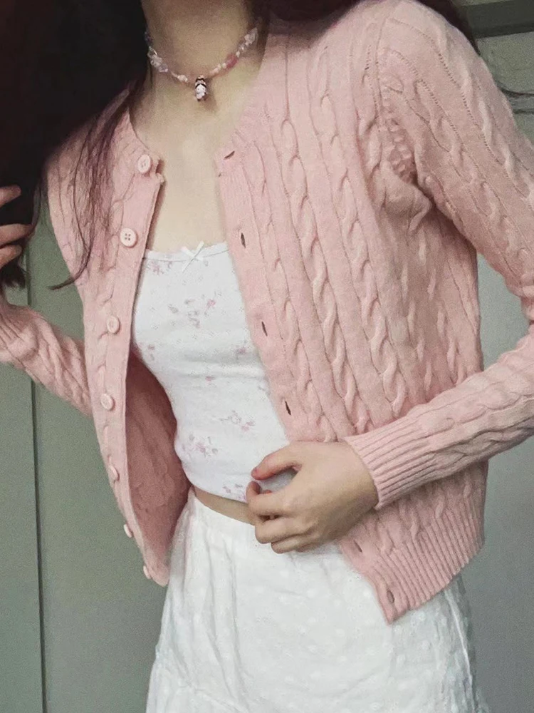 Twisted Flower Pink Slim Cardigan Women Autumn Round Neck Cotton Single-Breasted Outerwear Vintage Sweet Knitted Short Sweater