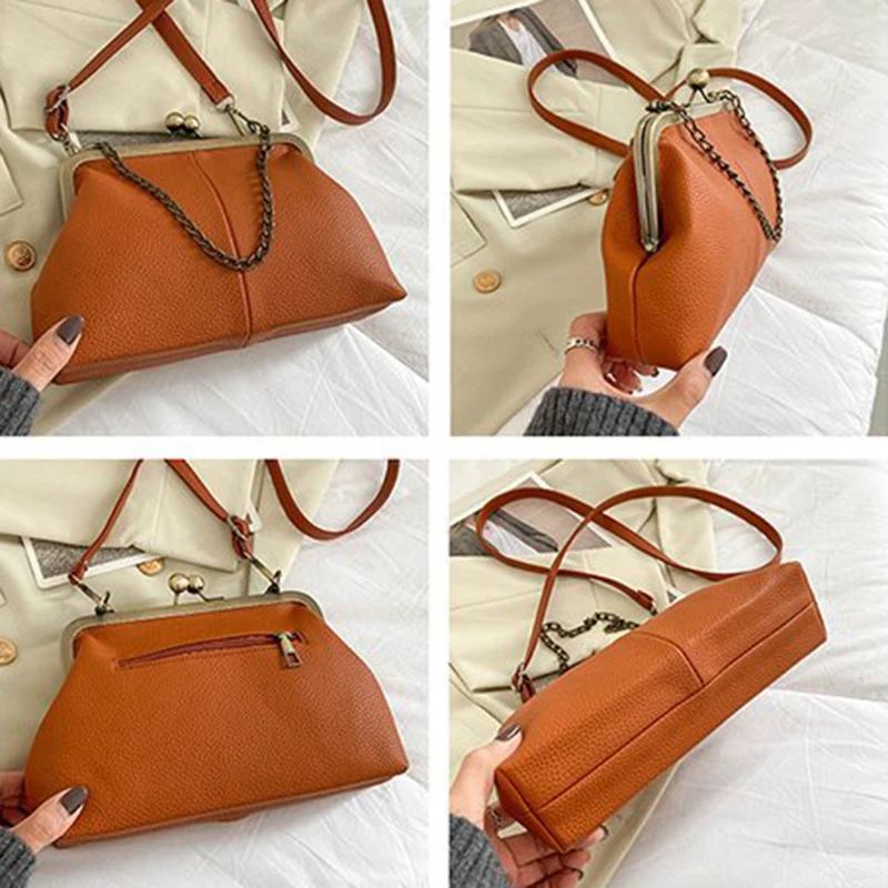 Vintage Soft Skin Shell Tasche Neue Lychee Muster Handtasche Einfache und vielseitige Umhängetasche Clip Kette Umhängetasche Damen Tasche – Detail 29