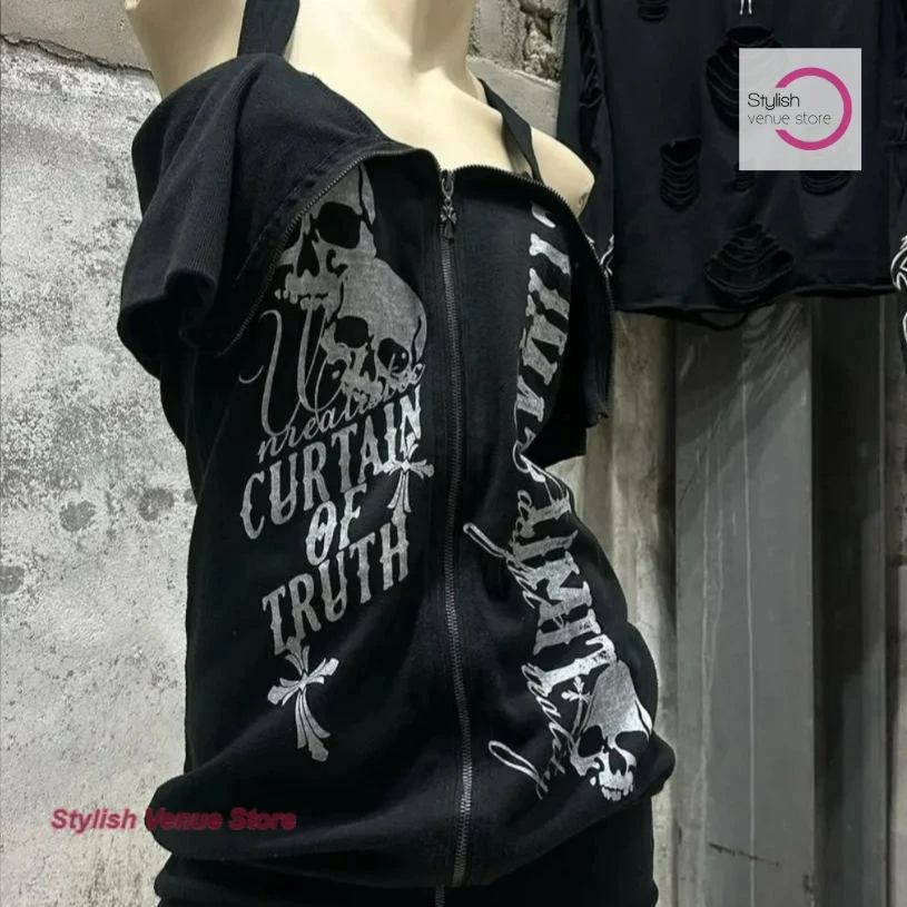 

American retro subculture one-shoulder short-sleeved T-shirt female summer new black skull print black slim casual waist shirt