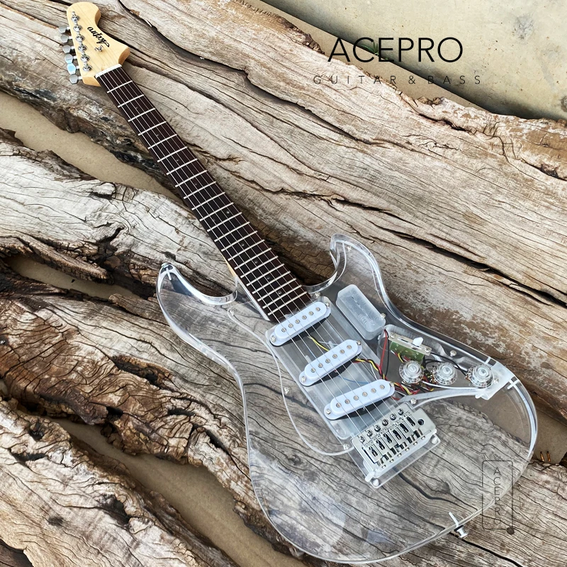 In Stock Acepro Acrylic Electric Guitar Colorful LED, Transparent Pickguard & Knobs, 3 Single Pickups, Maple Neck, Guitarra