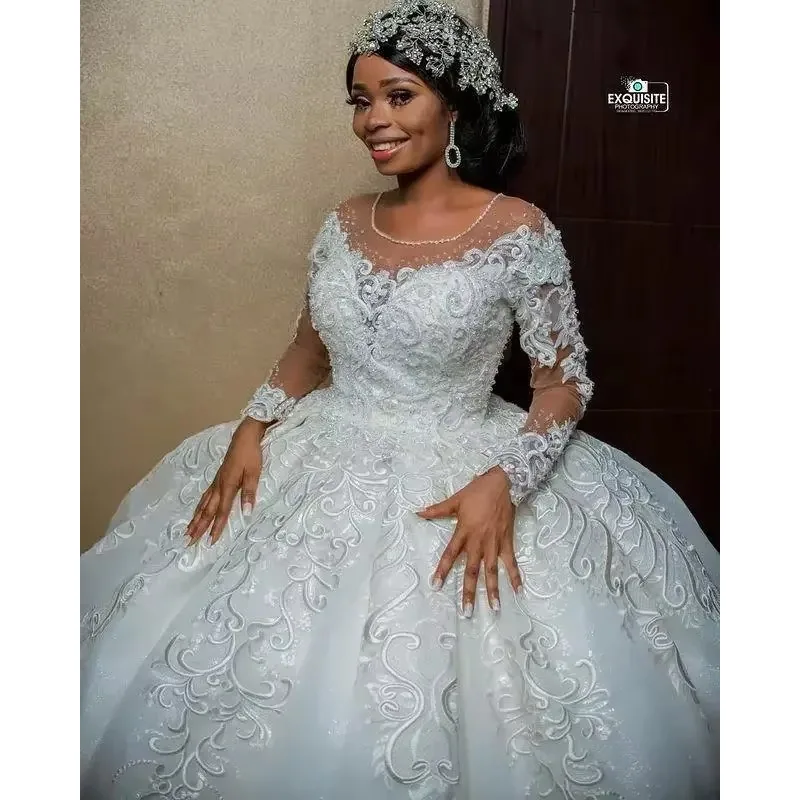 

Свадебные платья больших размеров по индивидуальному заказу, 2025, роскошное кружевное платье с длинными рукавами и аппликацией из бисера, африканское свадебное платье принцессы с прозрачным вырезом
