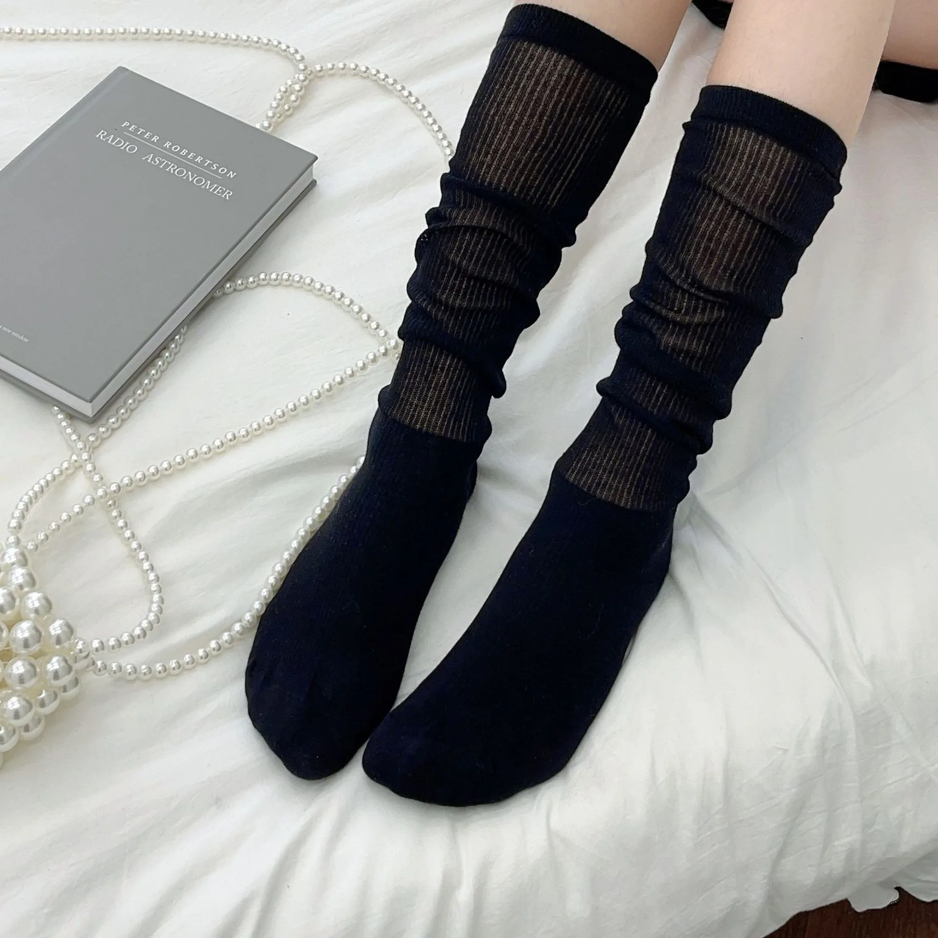Ladies Vertical Striped Knit Socks Loose Casual Solid Socks Soft Mesh Breathable Sockings Streetwear JK Lolita Simple Socking