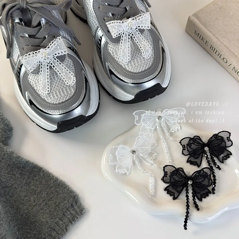 Lace Bow Pearl Fringe Shoe Clips Beaded Shoelace DIY Removable Shoe Ornaments Shoe Flowers Decor for Casual Sports Sneakers