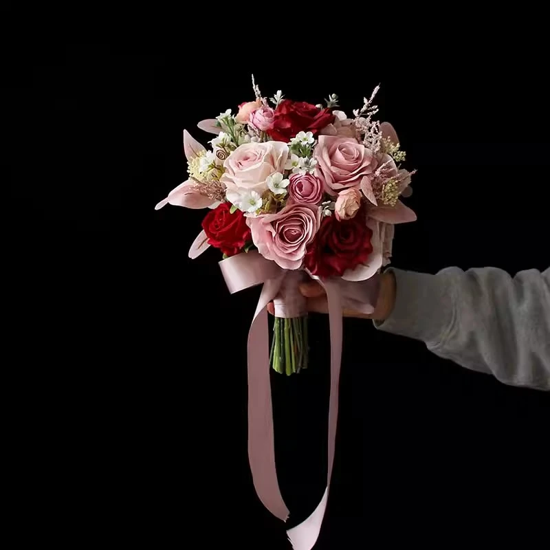 JaneVini Vintage Blush Pink Roses Bride Flowers Wedding Bouquet Artificial Silk Red Fake Bridal Bouquets Accesorios Novia 2025