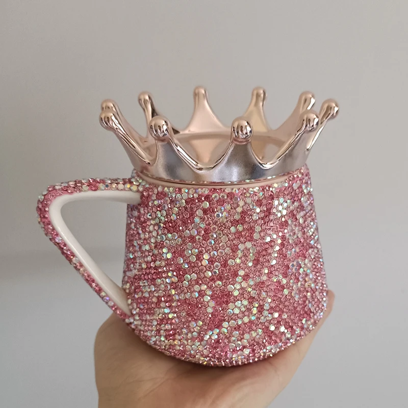 320ml Luxury Sparkling Diamond Crown Ceramic Mug Coffee Mug Milk Cup With Lid Tea Cup Self Stirring Water Drinking Bottle