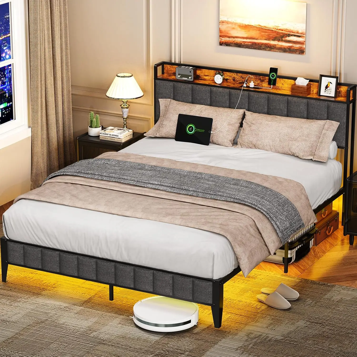

Queen Bed Frame with Smart LED Light and USB Charging Stations, Queen Platform Bed Frame with Headboard and Storage, Met