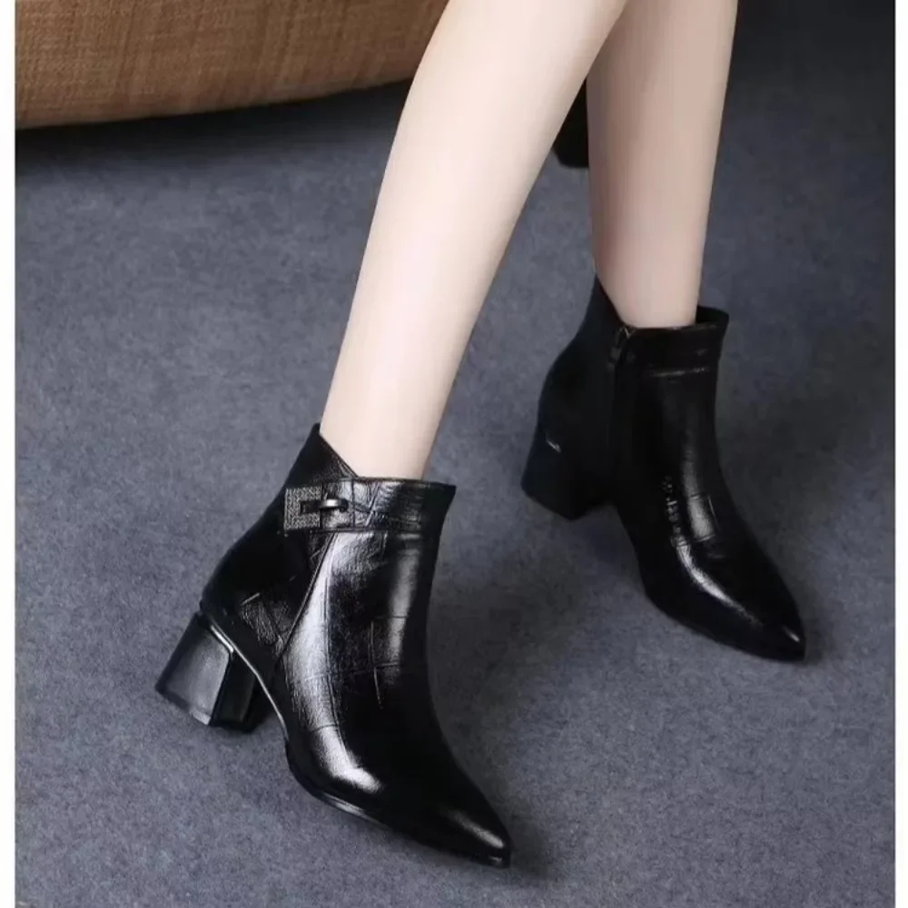 

Pop Ladies Shoes Hot Sale Ankle Women's Boots Classics Modern Boots Women Solid Zip Crystal Pointed Toe Chunky Heel Shoes Women