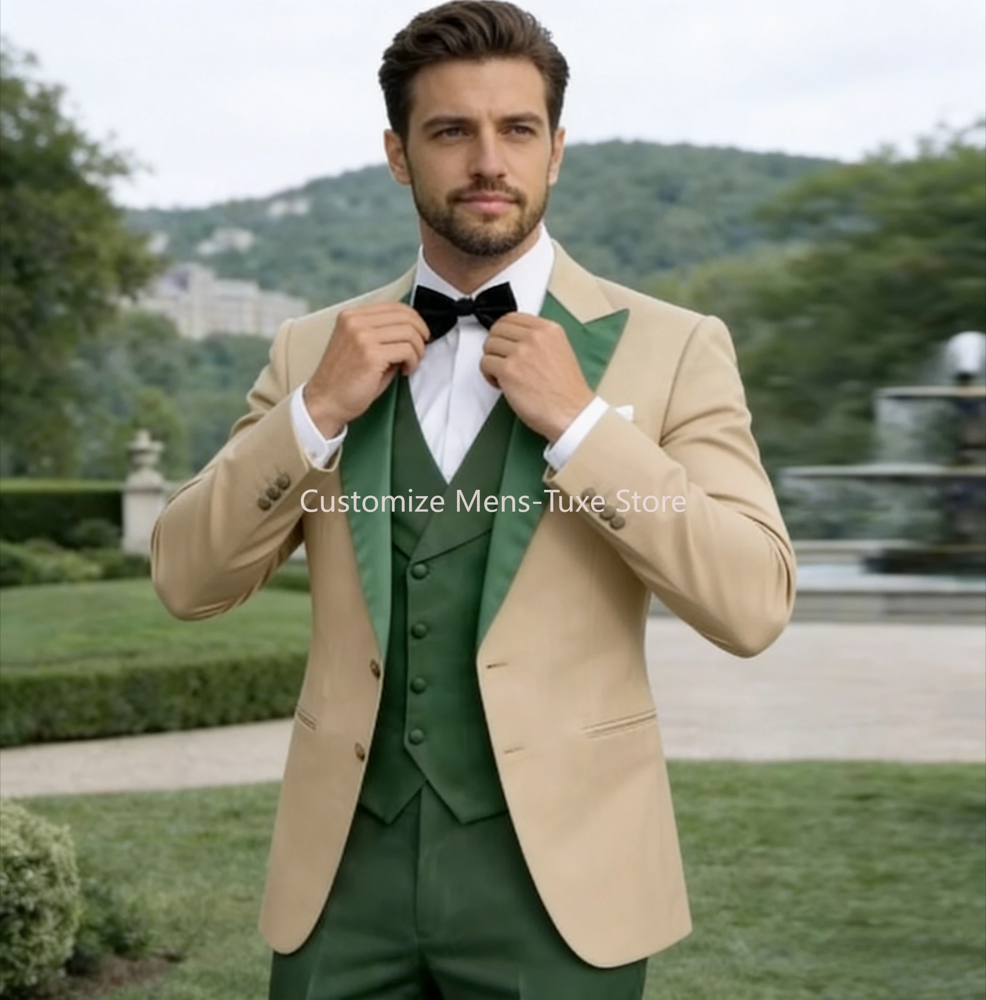 

New Beige And Green Formal Men Suit Groom Groomsman Wedding Party Prom Business Male Tuxedos 3 Piece Set Blazer Vest Pants