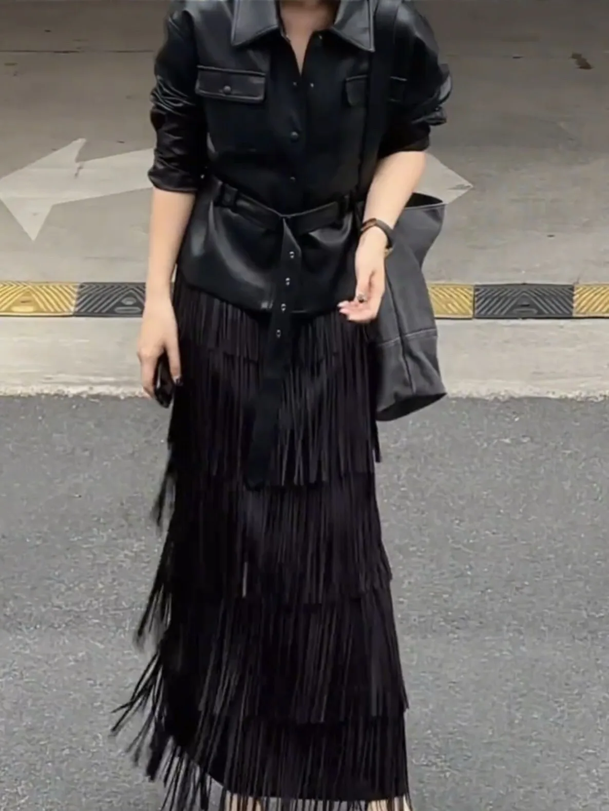 Autumn Winter Retro Tassel Cake Long Skirts High Elastic Waist Layered Skirts Women Solid Color Loose A-line Slimming Skirt D813