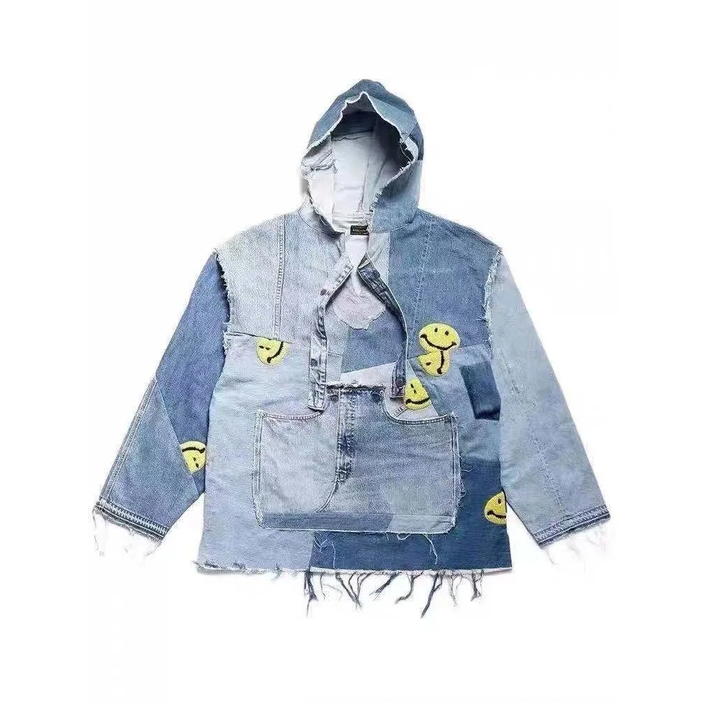 KAPITAL 21aw Vintage Patchwork Tassel Hooded Sweatshirts Men's and Women's Embroidered Patchwork Denim Hoodie