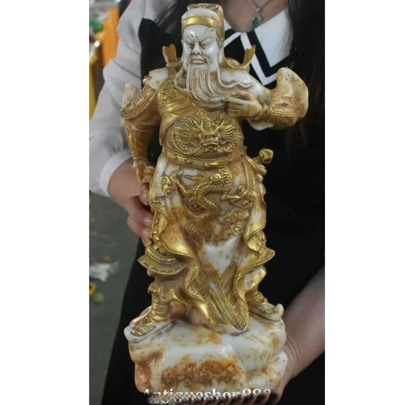 

China Old Jade Gilt Carving Dragon Guan Gong Guangong Yu Warrior God Statue