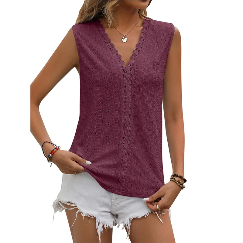 Summer Hole Lace Splicing Small Vest Women's V Neck Sleeveless Pullover Tops Female Solid Color Daily Commuter Casual T-Shirt 23