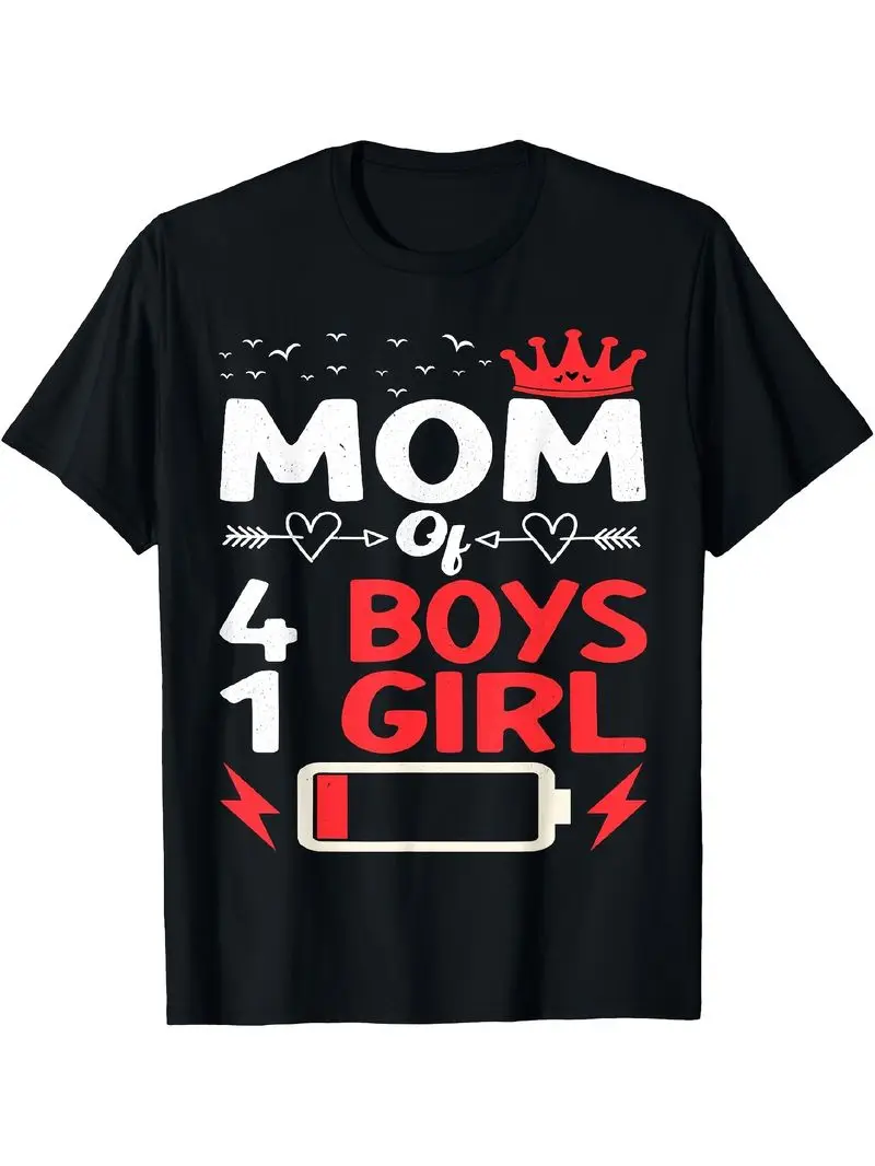 Mom Of 4 Boys & 1 Girl Funny Battery Low Graphic Tee, Black Casual Mother's Day T-Shirt, Soft Stretch, Unisex, S-Xxxl Gift