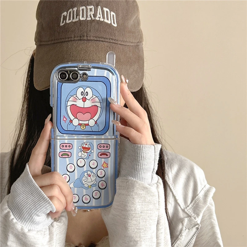 Cute Cartoon Japan Anime Doraemon Phone Case For Samsung Galaxy Z Flip 7 6 5 Hard TPU Cover For Z Flip 4 3 With lanyard