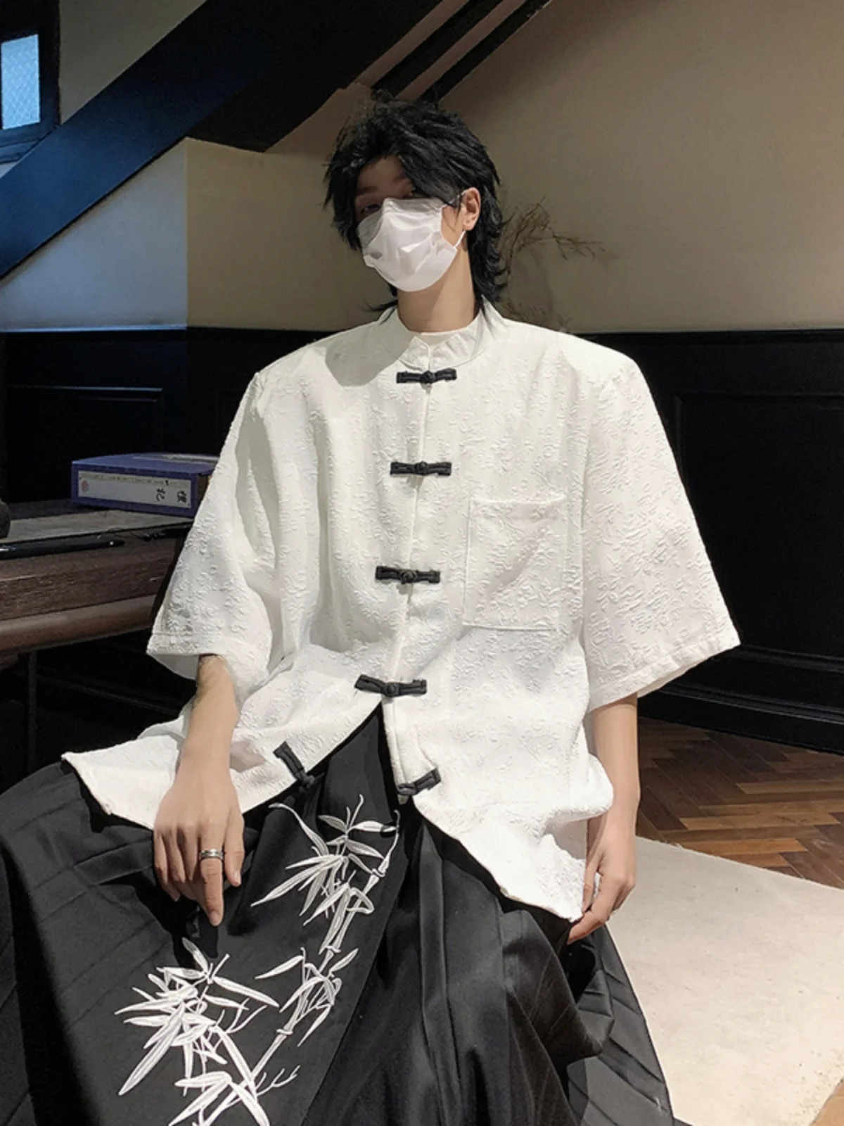 

Новый китайский свободный крой ort Sve irt, мужской летний модный брендовый воротник-стойка, жесткий топ из полиэстера и нейлона, Cos...