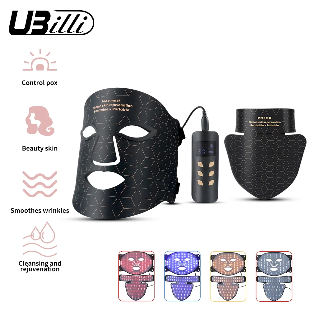 LED 4-Farben-Gesichtsmaske mit Hals, LED-Rotlichttherapie, Nahinfrarot-Silikonmaterial, Maske, Verjüngung, Anti-Aging, Falten, Akne
