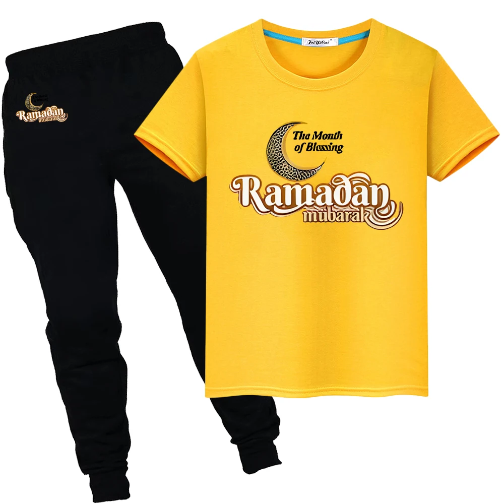 

Ramadan Muslim Festive Outfit Eid Kids With Moon Summer 100%cotton T-shirt Tops+pant boy girl Sets Ramadan Mubarak Holiday gift