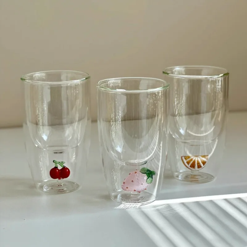 Double Layered Fruit Insulated High Borosilicate  Milk Juice Coffee Cup Three-dimensional Fruit Shaped Cold Drink Glass Cup