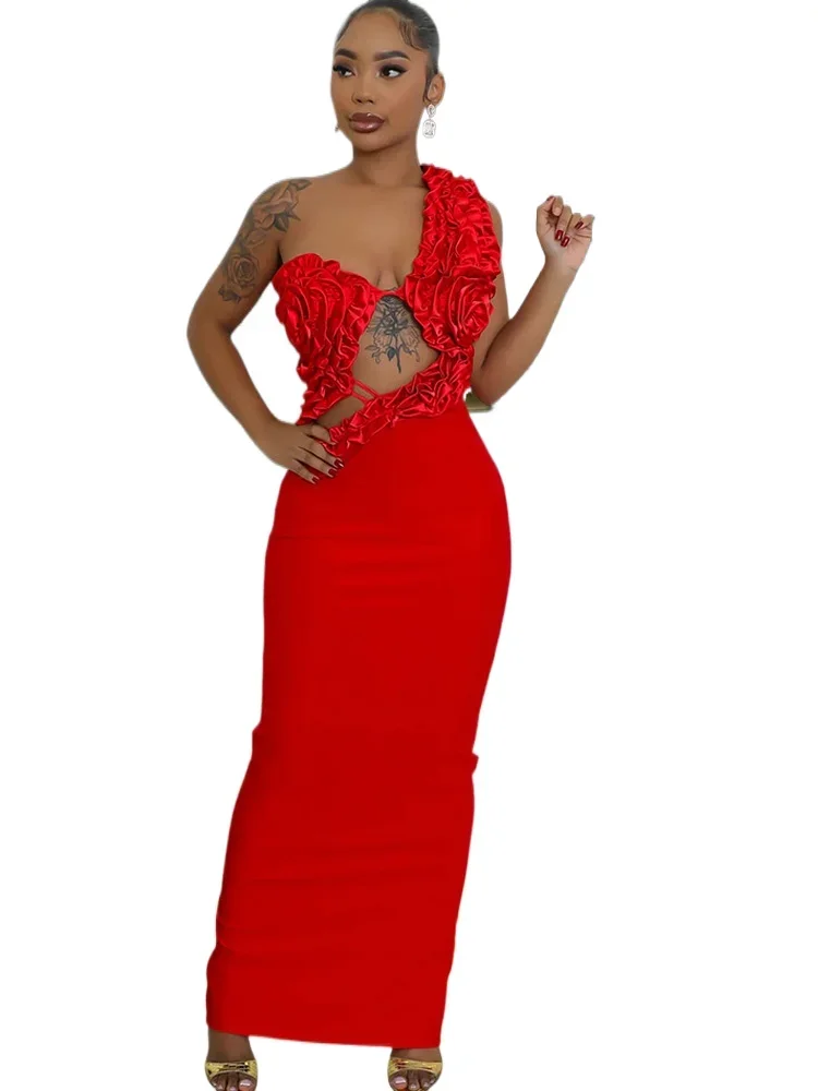 Vestidos midi longos recortados com detalhes rosas femininos glam sem mangas vermelho floral noite vestidos de festa ano novo vestido robe