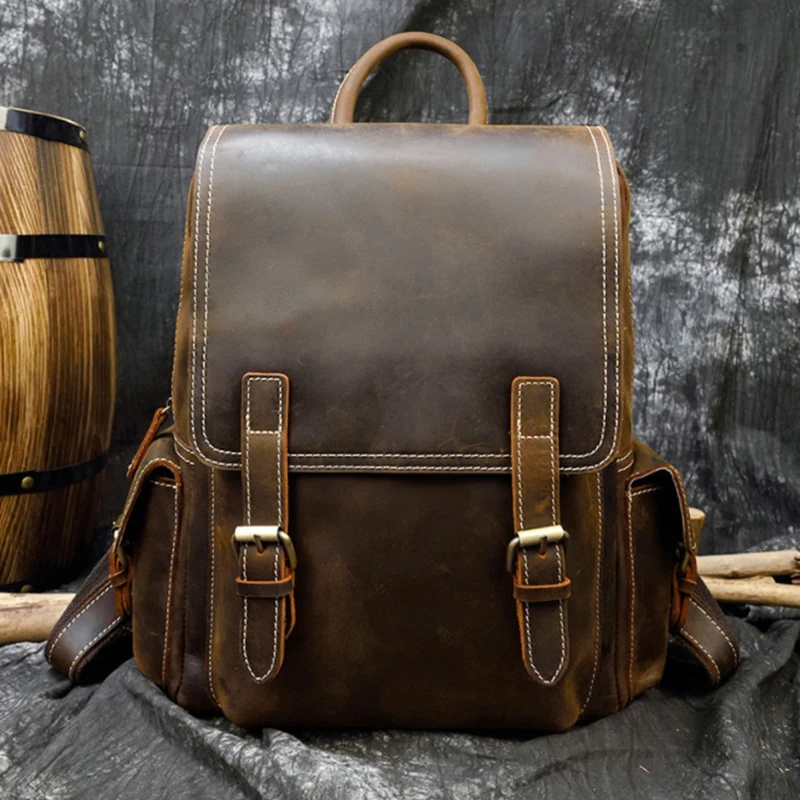 Genuine Leather Double - shoulder Backpack for Men - Vintage, Real Leather, Large - capacity Cowhide Travel Bag for Outings