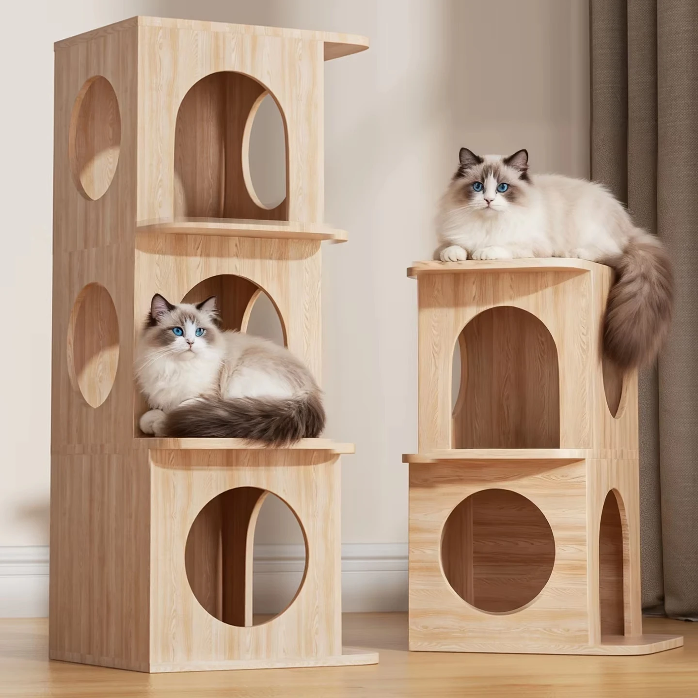 Modern Eco-friendly Solid Wood Cat Tree Two-Level Cat Bed Jumping Platform All-in-One Compact Design Small Spaces Cat House Toy