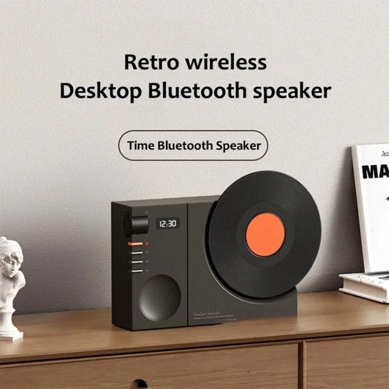 Vinyl Bluetooth Speaker Retro High-Quality Mini Audio Portable Clock Speaker Support TF Card /AUX Easy To Use ,Black