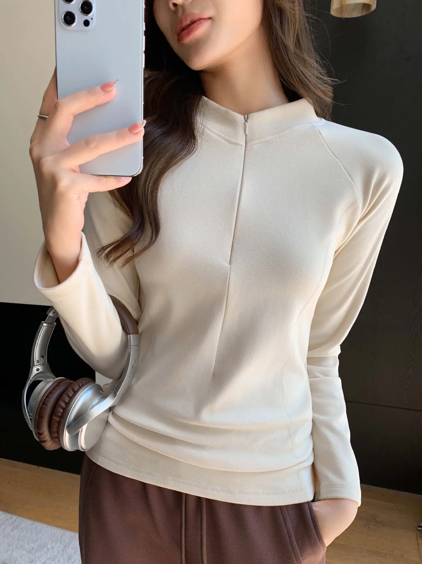 T shirt women 2026 fashion stand-up collar zipper base T-shirt new autumn spring warm slim base top tshirt women's clothing
