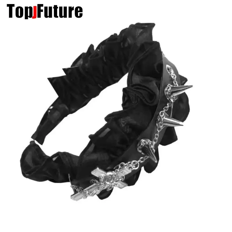 Women Vintage Tuku y2k girl Gothic lolita Cosplay Harajuku Punk Cross Spike Rivet Steampunk Chain Hairbands Hair Band Hair Hoop