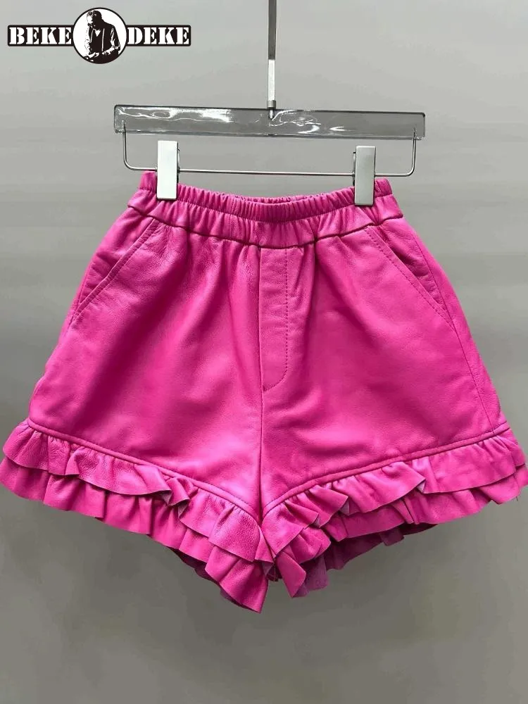 

Concise Style Elastic Waist Genuine Leather Fold Straight Shorts Solid Color Sheepskin Pockets Handmade Female Short Trousers