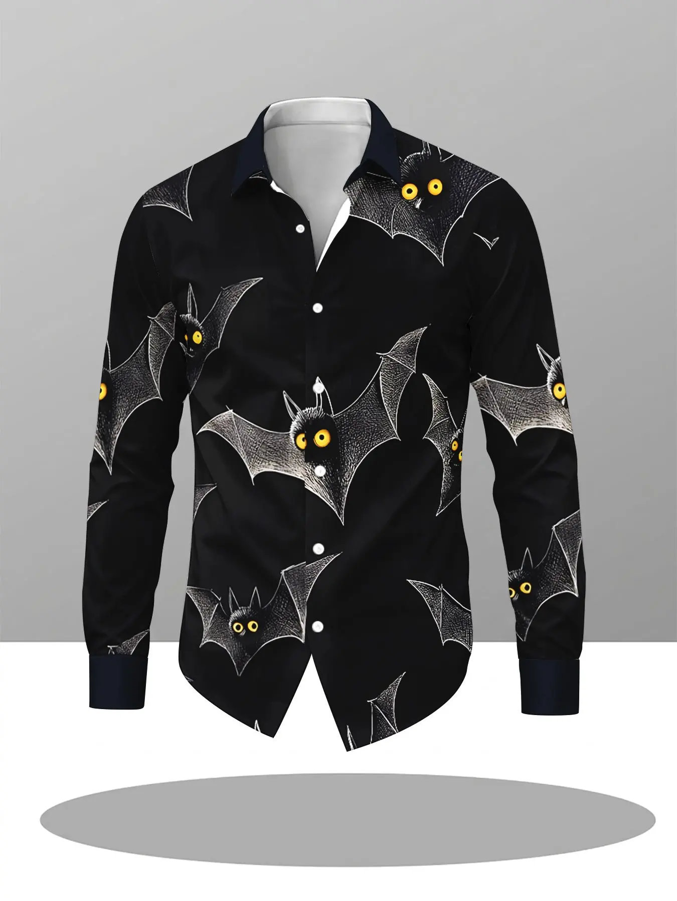 Autumn Men Lapel Collar Shirt Spooky Halloween Bat Silhouette Graphic Polyester Long‑Sleeve Top