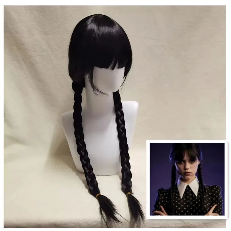 Bear's Den película Addams Cosplay mujeres pelo largo con flequillo resistente a altas temperaturas peluca trenzada sintética Halloween nuevo 2025