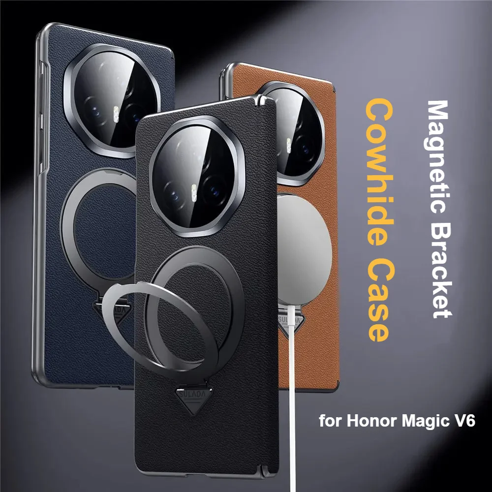 

Luxury Business Premium Cowhide Leather Case For Honor Magic V6 V5 V3 Magnetic Charge Rotable Bracket Anti-drop Protection Cover
