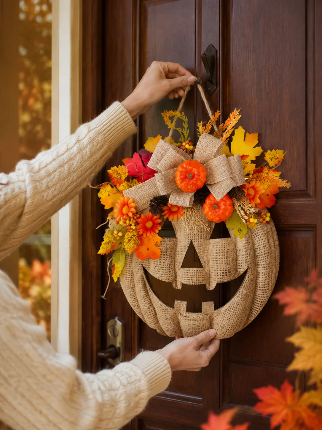 Halloween Wooden Pumpkin Wreath, Maple Leaf Floral Door Hanging Sign, Rustic Fall Harvest Home Decor