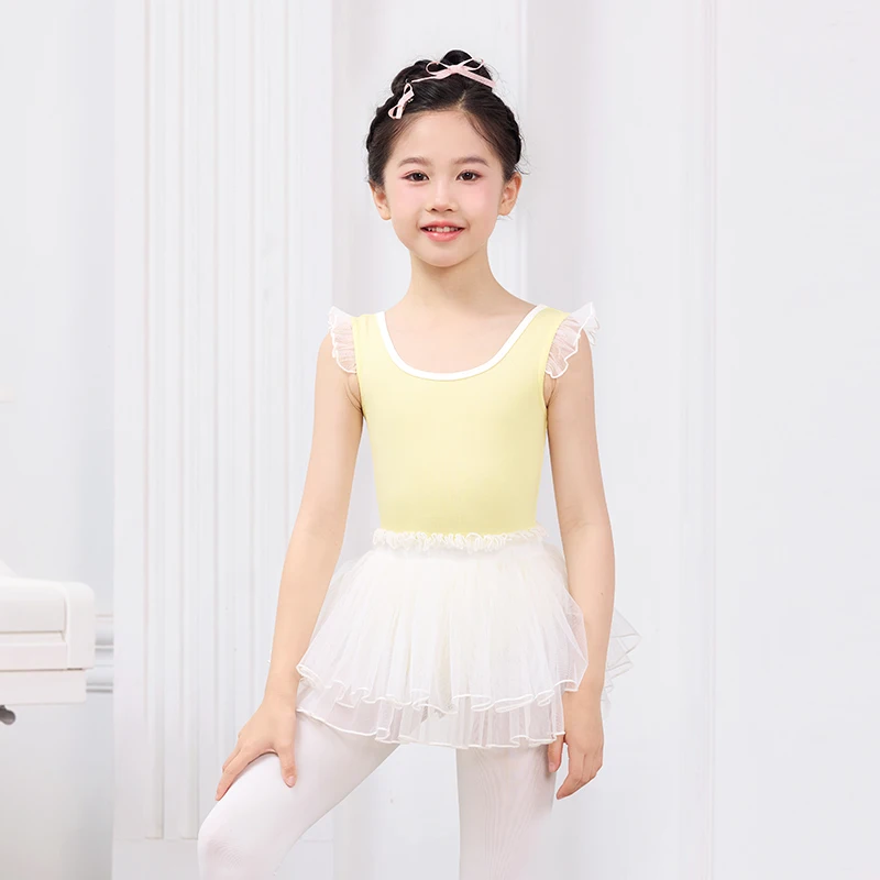 キッズガールズバレエレオタードノースリーブベストダンスボディスーツフライスリーブ体操レオタードバレリーナバレエ衣装チュチュ付き