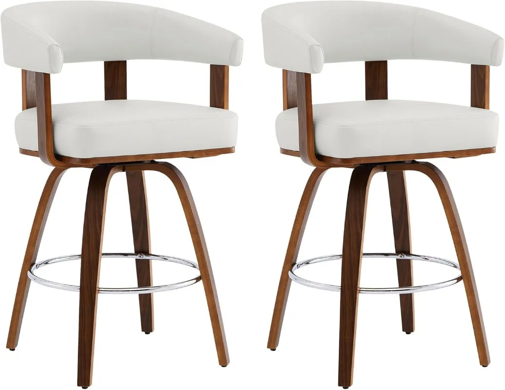 

Swivel Counter Height Barstools Set of 2 FSC Certified Faux Leather Upholstered Bar Stools 27" Seat Height White Walnut Frame