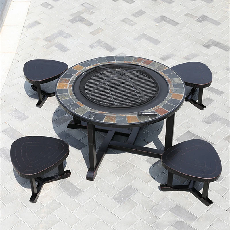 Populaire 5 Stuks Set Tuin Patio Ronde Bbq Tafel En Stoel Set Gegoten Aluminium Outdoor Metalen Meubels Barbecue Krukken Te Koop