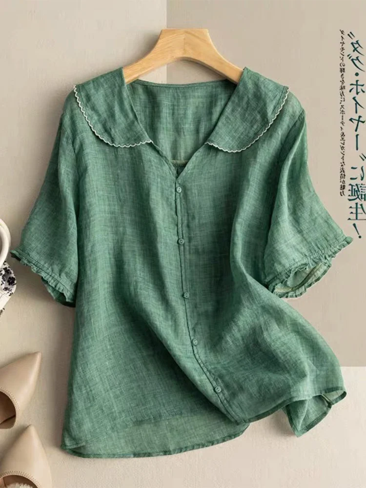 

Loose Cotton Linen ort Sve irt Women's Babydoll Collar Agel Doll irt Comfortable Commute Sle Artistic Design