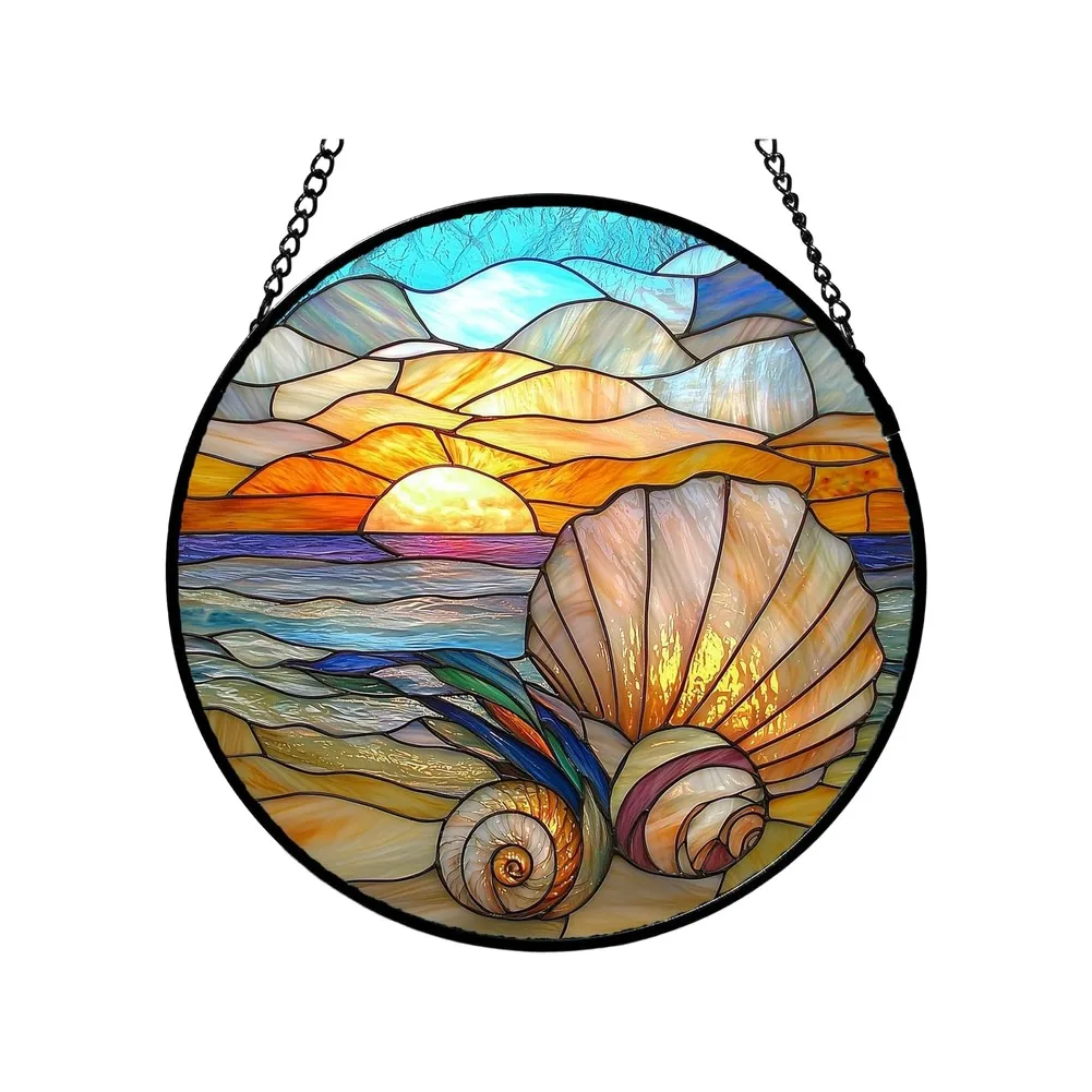 Colorful Stained Glass Window Hanging Sun Catcher With Beach Shells Conch, Vibrant Glass Art For Door Window